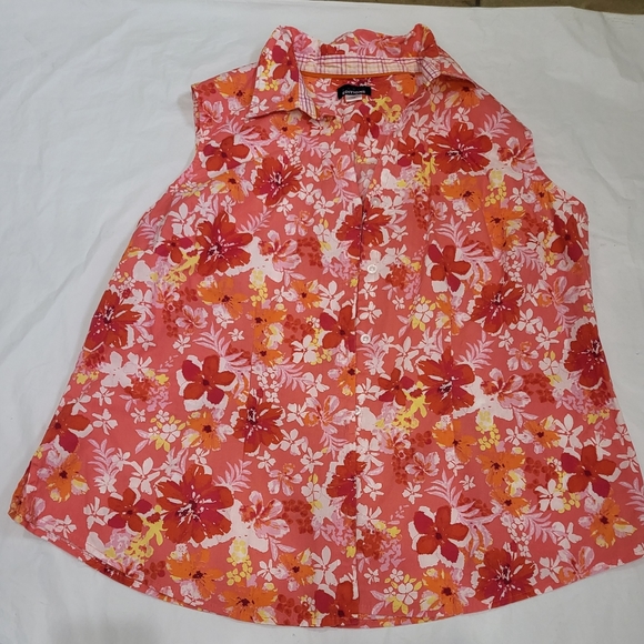 BASIC EDITIONS Size 1x Orange Tropical Floral Patterned Sleeveless Button Up Top - Picture 2 of 4